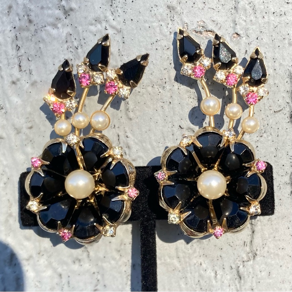 HOBÉ Vintage Floral Ear-climber Black Pink Pearl Rhinestone Clip-on Earrings